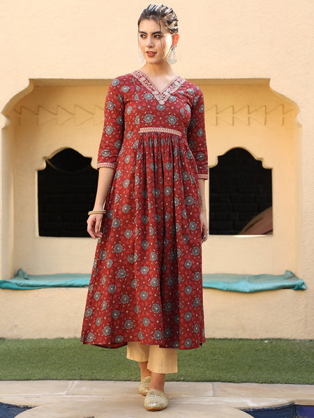 Maroon Cotton Calf Length Printed Semi-Flared V-Neck Kurta