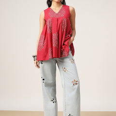 Cotton Hip Length Printed Sleeveless V-Neck Flared Top