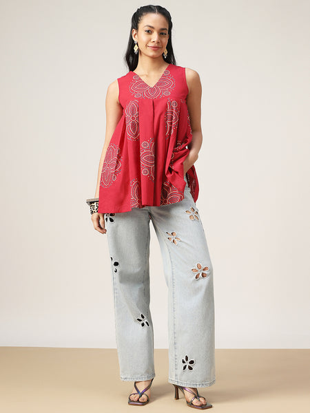 Cotton Hip Length Printed Sleeveless V-Neck Flared Top