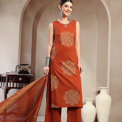 Gulmohar Jaipur Cotton Calf Length Printed Sleeveless Round Neck Straight Kurta Suit Set