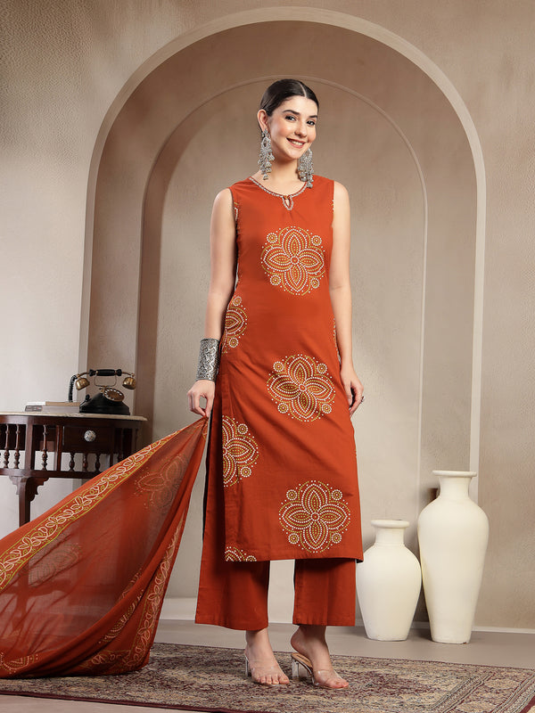 Gulmohar Jaipur Cotton Calf Length Printed Sleeveless Round Neck Straight Kurta Suit Set