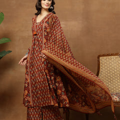 Cotton Calf Length Printed 3/4 Sleeves V-Neck Flared Kurta Suit Set