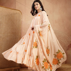 Gulmohar Jaipur Malmal Calf Length Printed 3/4 Sleeves Round Neck Anarkali Kurta Suit Set