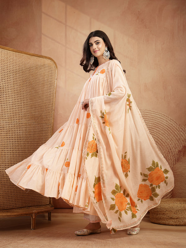 Gulmohar Jaipur Malmal Calf Length Printed 3/4 Sleeves Round Neck Anarkali Kurta Suit Set