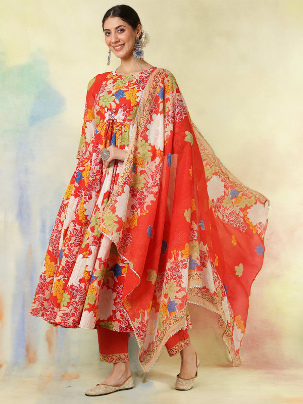 Blue Pure Cotton Printed Hand-Work Anarkali Kurta Suit Set