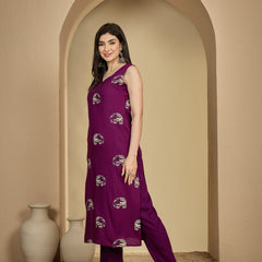 Gulmohar Jaipur Rayon Calf Length Printed Sleeveless V-Neck Straight Kurta Suit Set