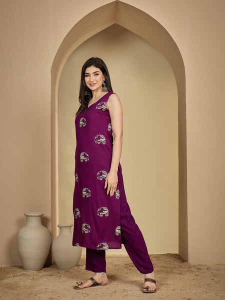 Gulmohar Jaipur Rayon Calf Length Printed Sleeveless V-Neck Straight Kurta Suit Set
