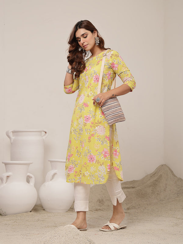 Cotton Calf Length Printed 3/4 Sleeve Round Neck Straight Kurta
