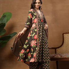 Cotton Calf Length Printed 3/4 Sleeves V-Neck Flared Kurta Suit Set