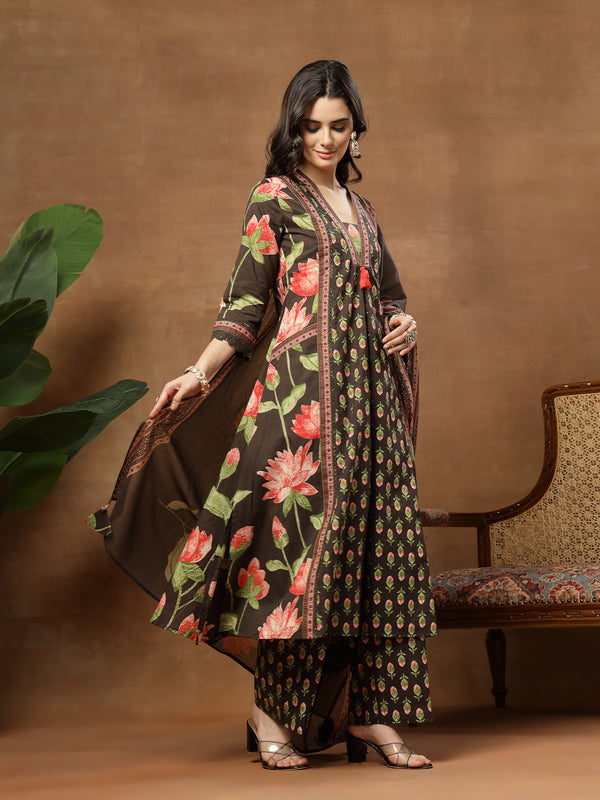 Cotton Calf Length Printed 3/4 Sleeves V-Neck Flared Kurta Suit Set