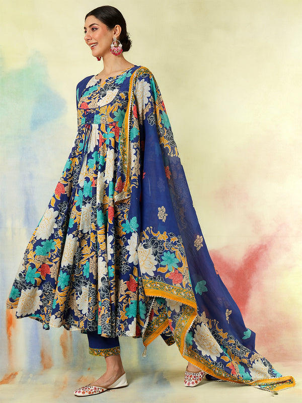 Blue Pure Cotton Printed Hand-Work Anarkali Kurta Suit Set