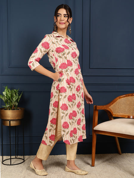 Pink Cotton Flex Calf Length Printed Shirt Coller Straight Kurta