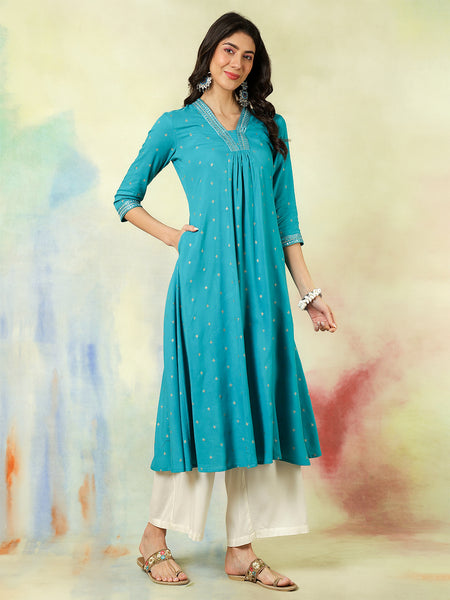 Seagreen Rayon Calf Length Solid Semi-Flared V-Neck Kurta