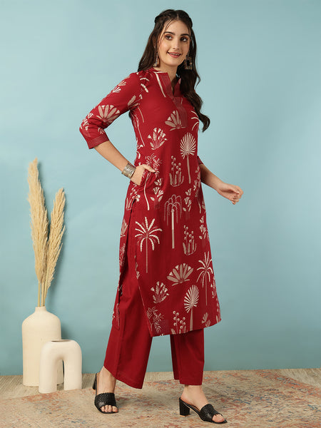 Rayon Calf Length Printed Straight 3/4 Sleeves Mandarin Neck Kurta Bottom Set