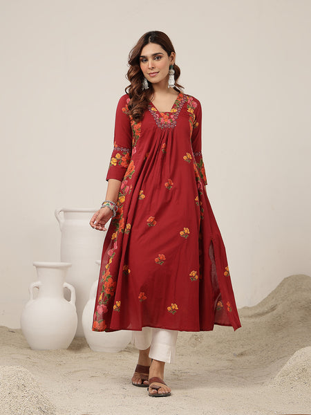Rayon Calf Length Printed 3/4 Sleeve V-Neck Flared Kurta