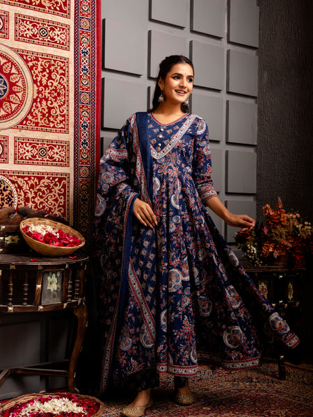 Wine Cotton Calf Length Printed Flared V-Neck Kurta Suit Set