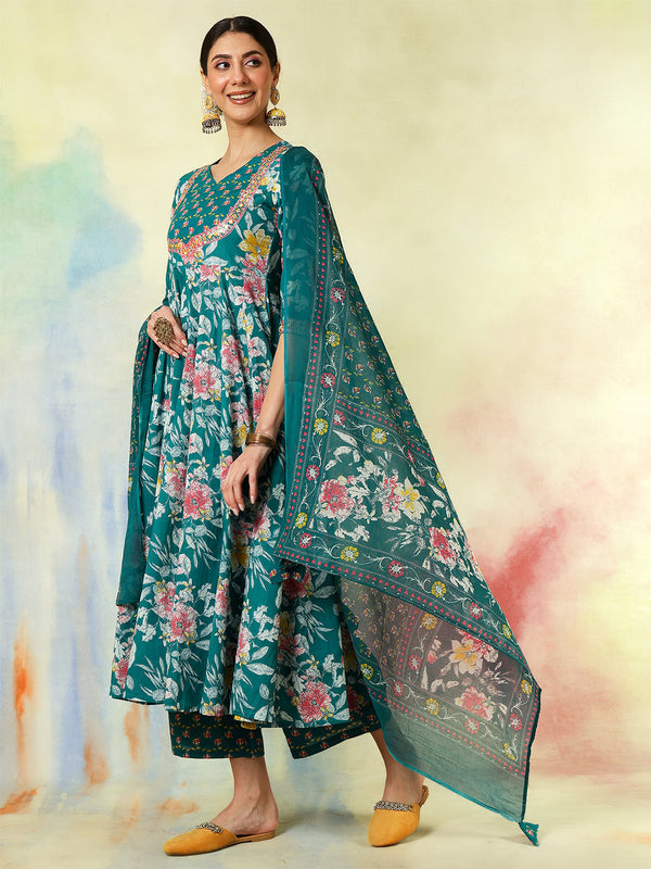 Black Pure Cotton Printed Embroidered Anarkali Kurta Suit Set