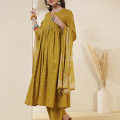Rayon Calf Length Printed 3/4 Sleeves Round Neck Semi-Flared Kurta Suit Set