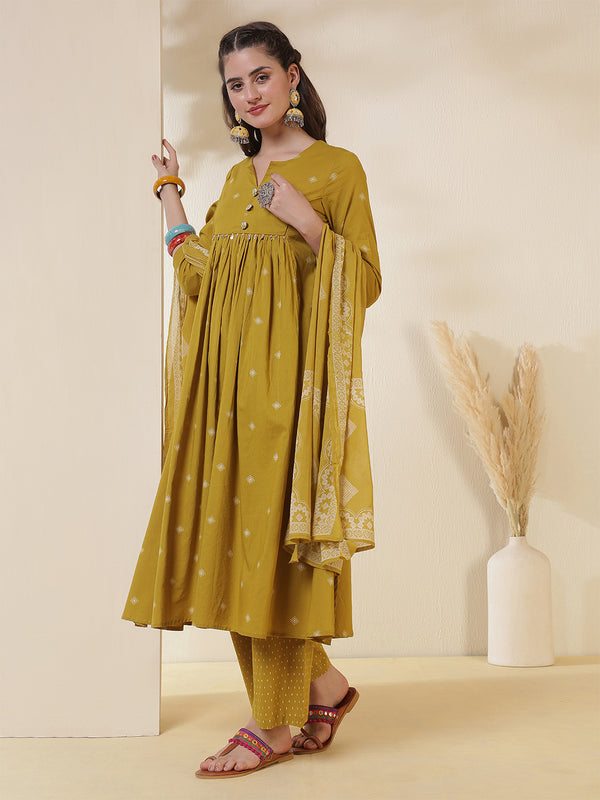 Rayon Calf Length Printed 3/4 Sleeves Round Neck Semi-Flared Kurta Suit Set
