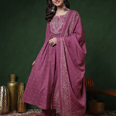 Cotton Calf Length Printed 3/4 Sleeves Round Neck Semi-Flared Kurta Suit Set