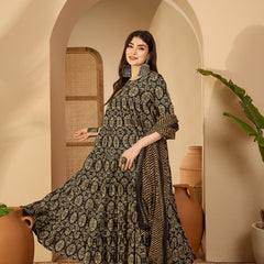 Gulmohar Jaipur Cotton Calf Length Printed 3/4 Sleeve Key Hole Neck Anarkali Kurta Suit Set