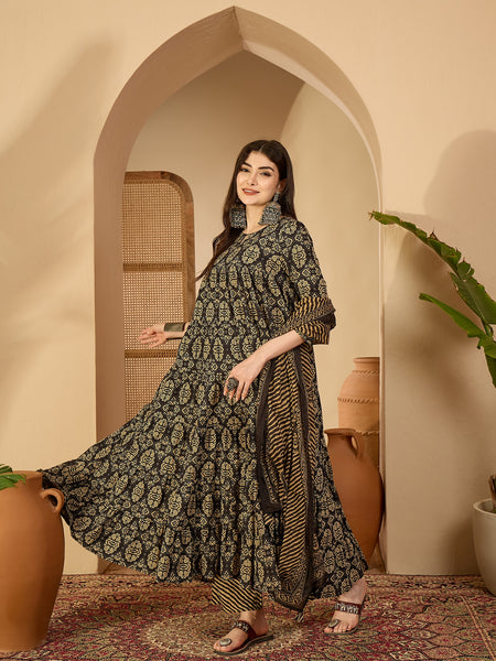 Gulmohar Jaipur Cotton Calf Length Printed 3/4 Sleeve Key Hole Neck Anarkali Kurta Suit Set