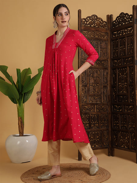 Coral Rayon Calf Length Solid Semi-Flared V-Neck Kurta