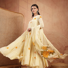 Gulmohar Jaipur Malmal Calf Length Printed 3/4 Sleeves Round Neck Anarkali Kurta Suit Set