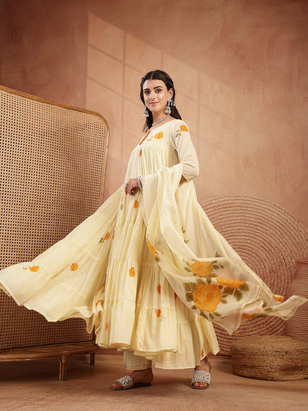 Gulmohar Jaipur Malmal Calf Length Printed 3/4 Sleeves Round Neck Anarkali Kurta Suit Set