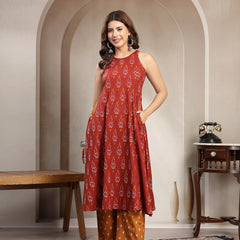 Cotton Calf Length Printed Sleeveless Round Neck Flared Kurta Suit Set