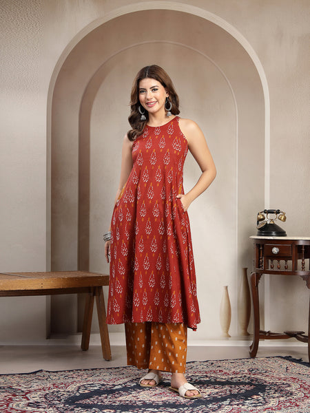 Cotton Calf Length Printed Sleeveless Round Neck Flared Kurta Suit Set