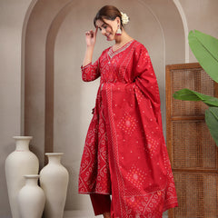 Cotton Calf Length Printed 3/4 Sleeve V-Neck Flared Kurta Suit Set