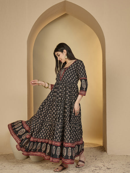 Gulmohar Jaipur Cotton Ankle Length Printed 3/4 Sleeves V-Neck Anarkali Kurta