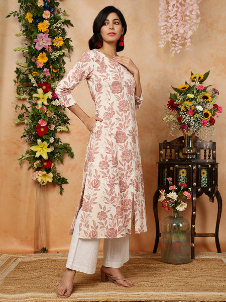 Cream Cotton Flex Calf Length Printed Round Neck A-Line Kurta