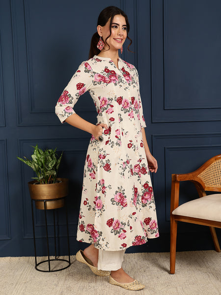 Pink Cotton Flex Calf Length Printed Mandarin  A-Line Coller Kurta