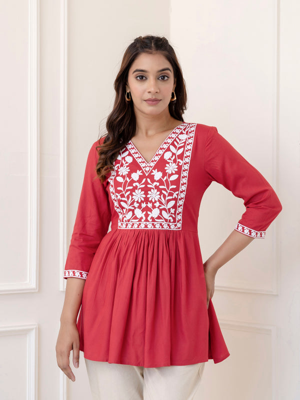 Coral Rayon Hip Length Solid V-Neck Solid Embroidered Semi-Flared Top