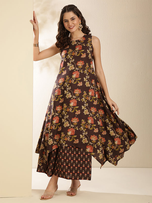 Brown Rayon Printed Sleeveless Round Neck Asymmetrical Kurta Bottom Set
