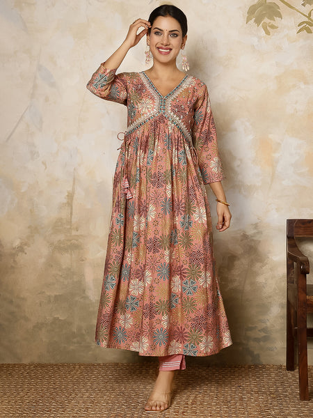 Pink Rayon Calf Length Printed V-Neck Flared Kurta Suit Set