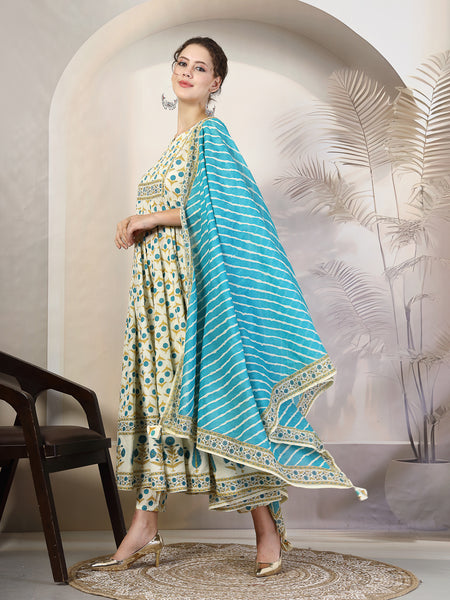 Rama Cotton Calf Length Printed Round Neck Anarkali Kurta Suit Set