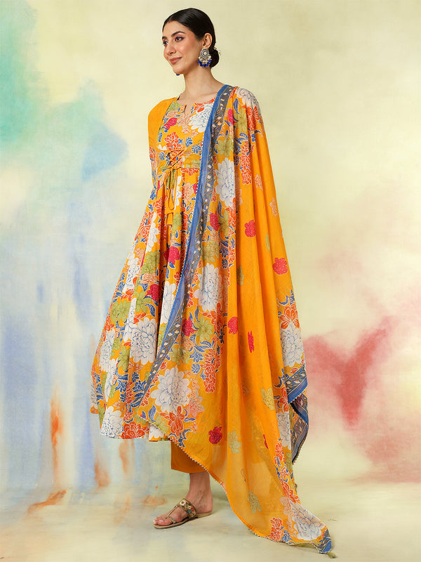 Blue Pure Cotton Printed Hand-Work Anarkali Kurta Suit Set