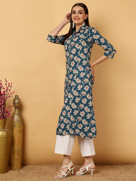 Blue Rayon Calf Length Floral A-Line Shirt Coller Kurta