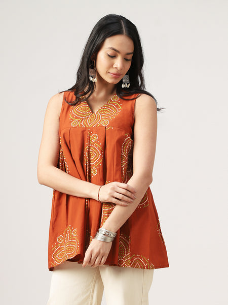 Cotton Hip Length Printed Sleeveless V-Neck Flared Top