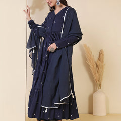 Cotton Ankle  Length Printed Full- Sleeves V-Neck Tired Kurta Suit Set