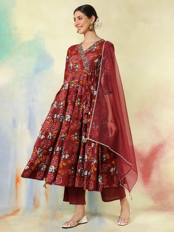 Black Pure Cotton Printed hand-Work Anarkali Kurta Suit Set