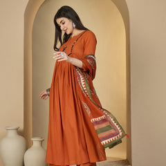 Gulmohar Jaipur Cotton Calf Length Solid 3/4 Sleeves Round Neck Flared Kurta Suit Set