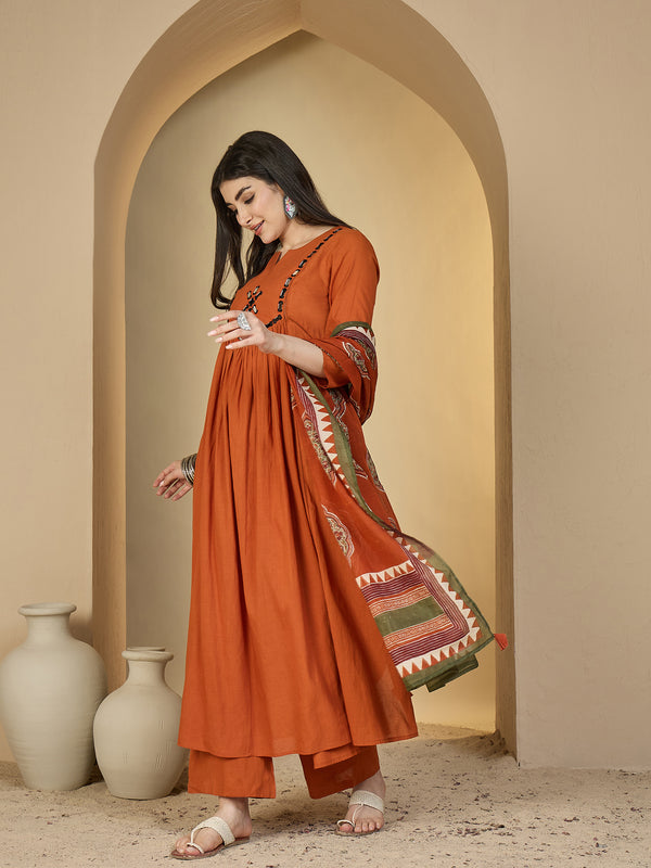 Gulmohar Jaipur Cotton Calf Length Solid 3/4 Sleeves Round Neck Flared Kurta Suit Set