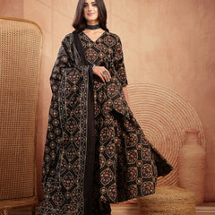 Gulmohar Jaipur Cotton Calf Length Printed 3/4 Sleeves V-Neck Anarkali Kurta Suit Set