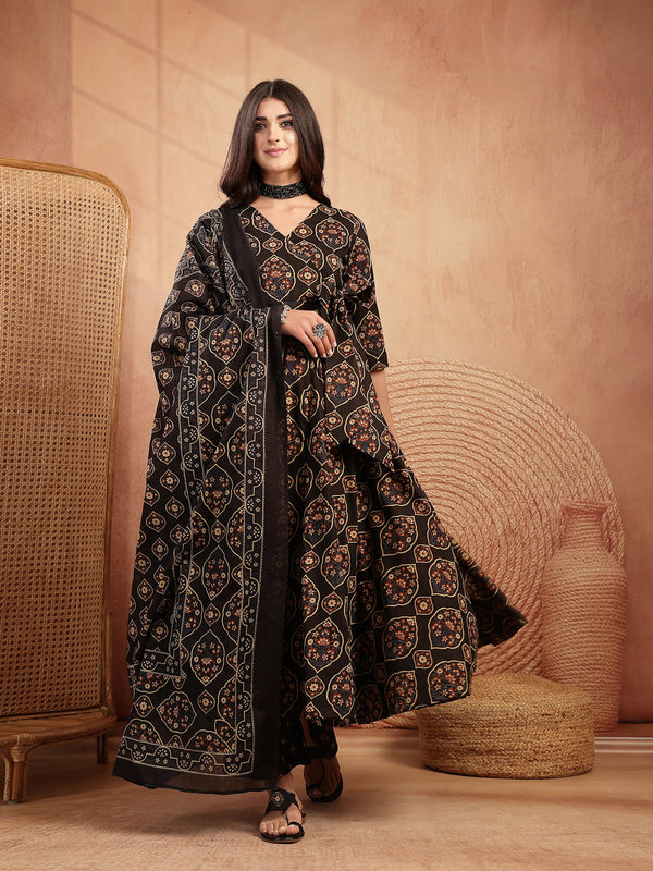 Gulmohar Jaipur Cotton Calf Length Printed 3/4 Sleeves V-Neck Anarkali Kurta Suit Set