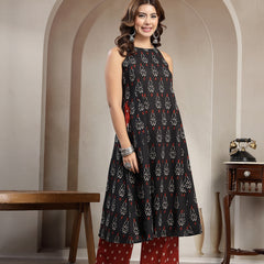 Cotton Calf Length Printed Sleeveless Round Neck Flared Kurta Suit Set