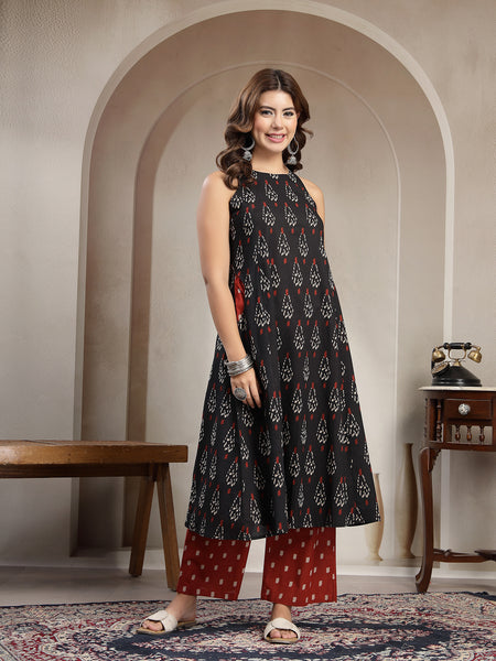 Cotton Calf Length Printed Sleeveless Round Neck Flared Kurta Suit Set